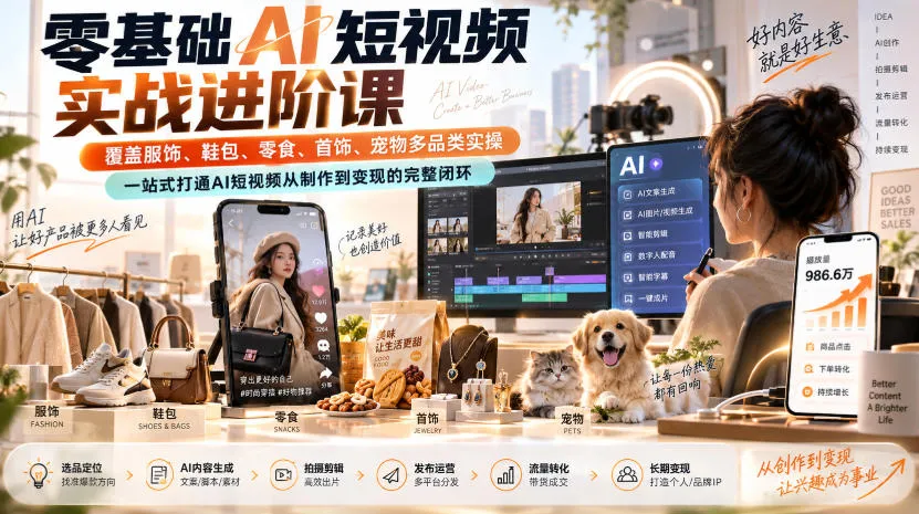 零基础AI短视频实战进阶课，覆盖服饰、鞋包、零食、首饰、宠物多品类实操，一站式打通AI短视频从制作到变现的完整闭环-37博客